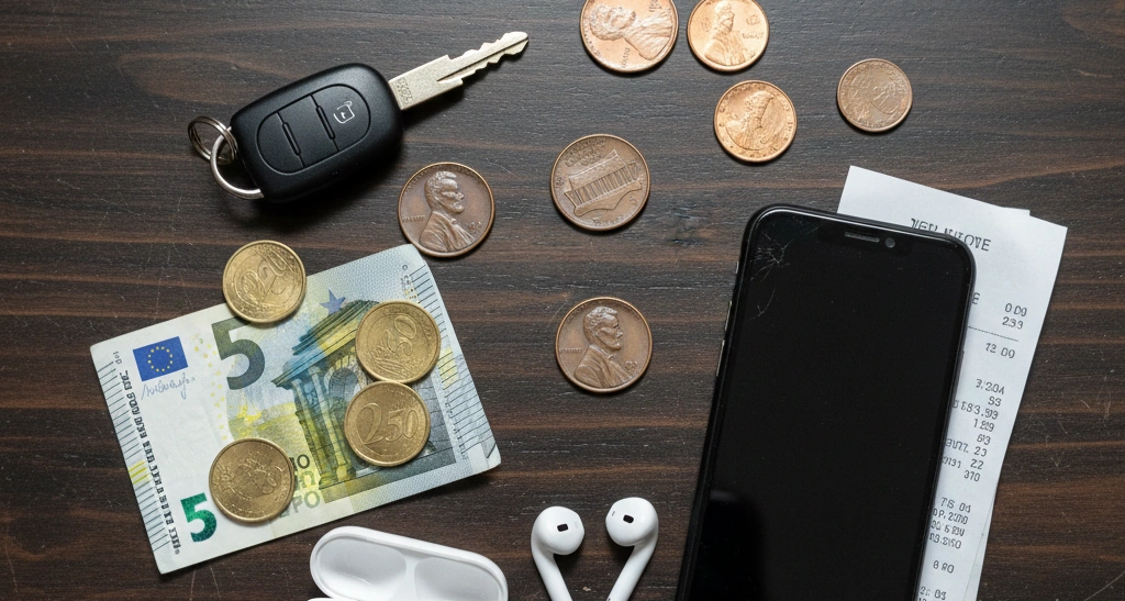 Modern pocket spill with visible 1993 pennies