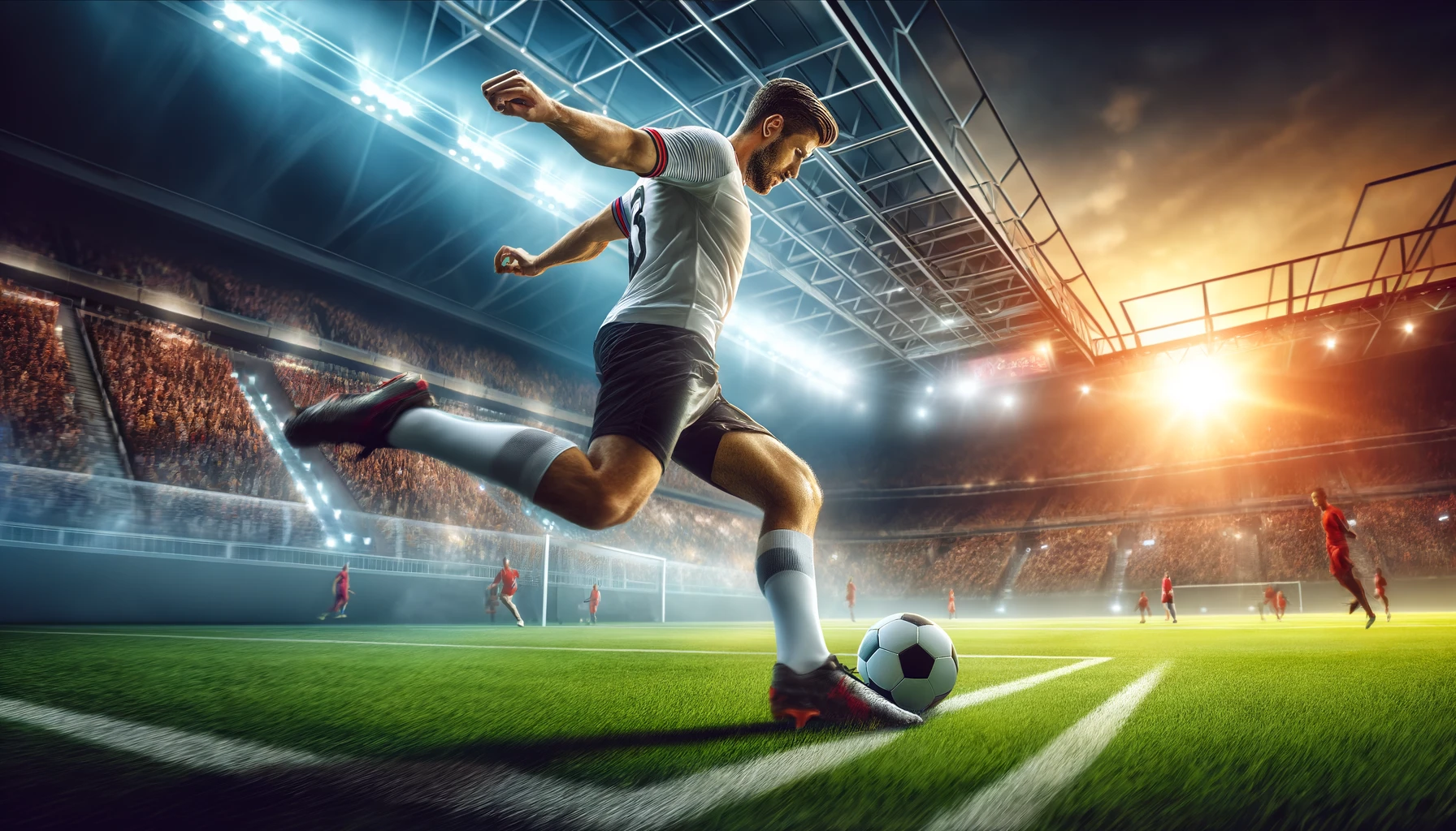 a football player in the midst of kicking a football during a match