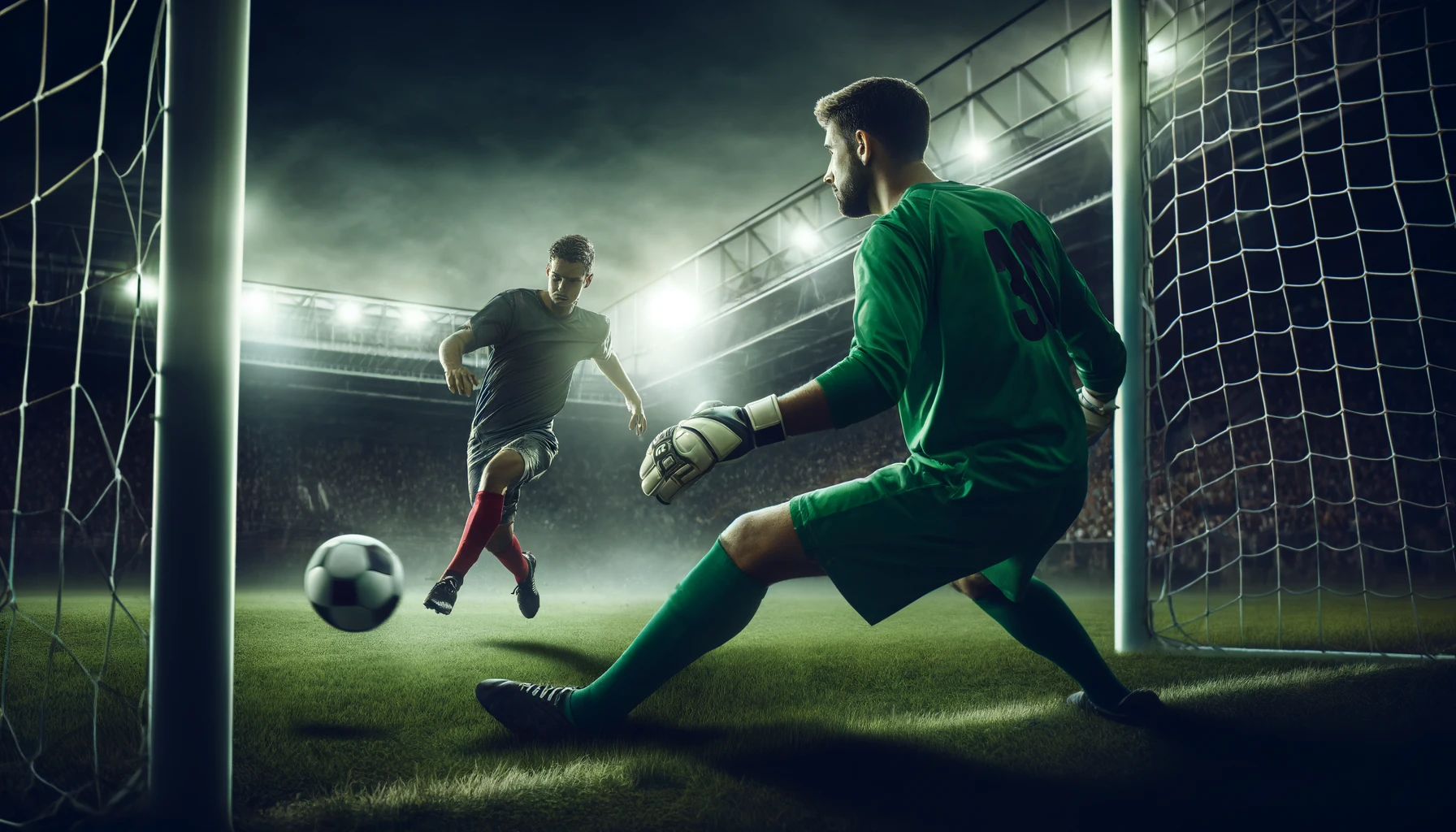 a tense moment in a football match where a goalkeeper watches intently as an opposing player attempts to score a goal