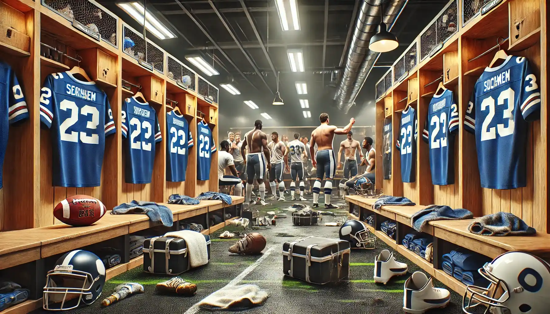 a lively football locker room after a big game, with open lockers, jerseys hanging, cleats and gear neatly placed.
