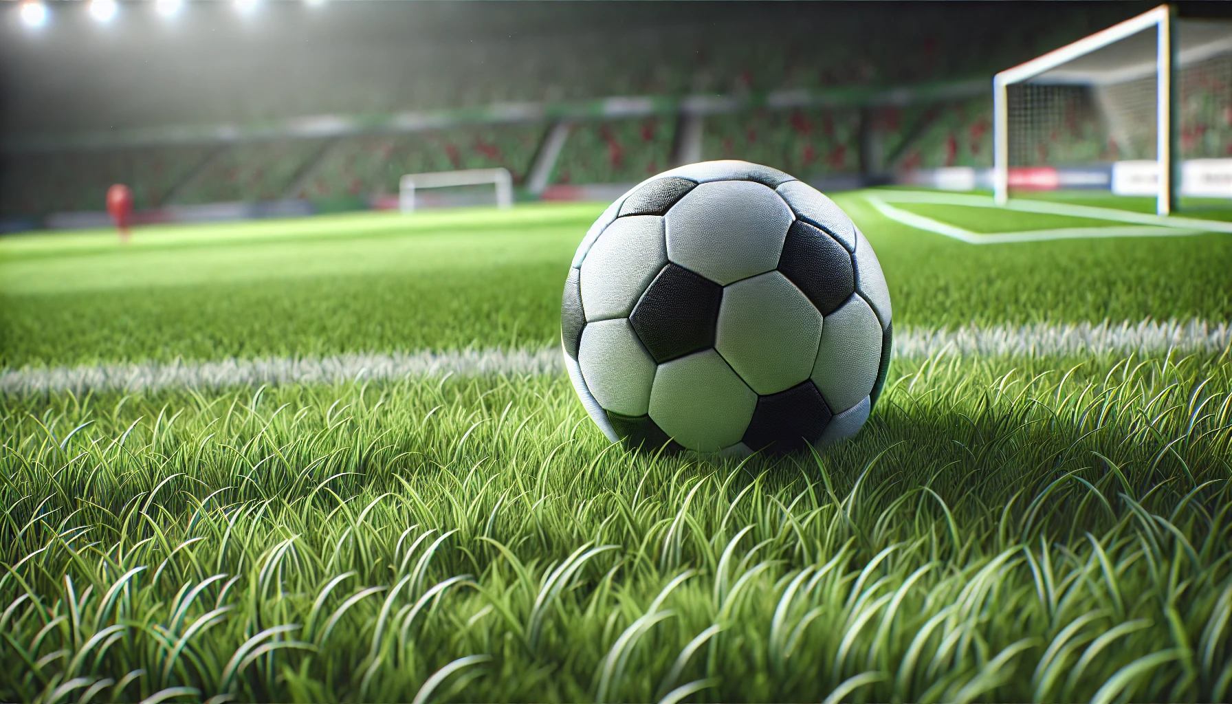 A soccer ball resting on a lush green field, with detailed textures and patterns, set against a subtly blurred stadium backdrop, capturing the anticipation of the game.