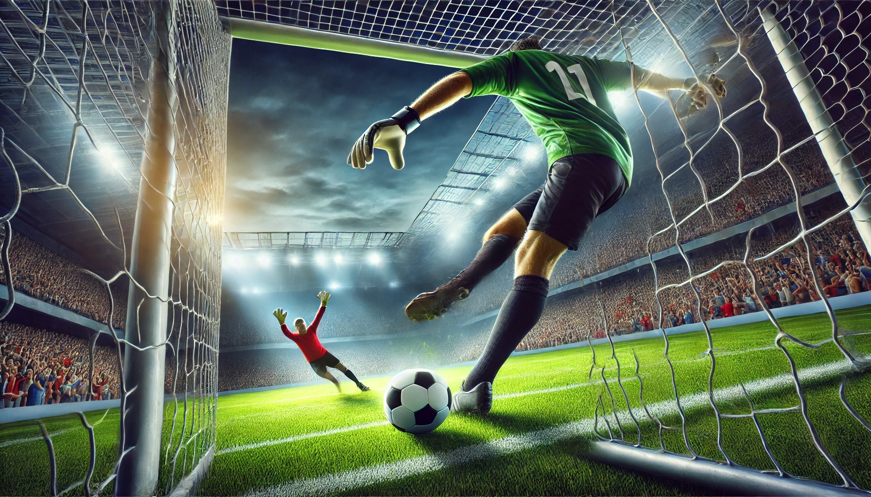 A dramatic football scene where a striker is about to kick the ball into the net, with the goalkeeper diving in an attempt to block the shot. The crowd in the background is frozen in anticipation, while the pitch is vibrant with lush green grass. The scene captures the fast-paced intensity of the match, with the goalpost and ball in clear focus.