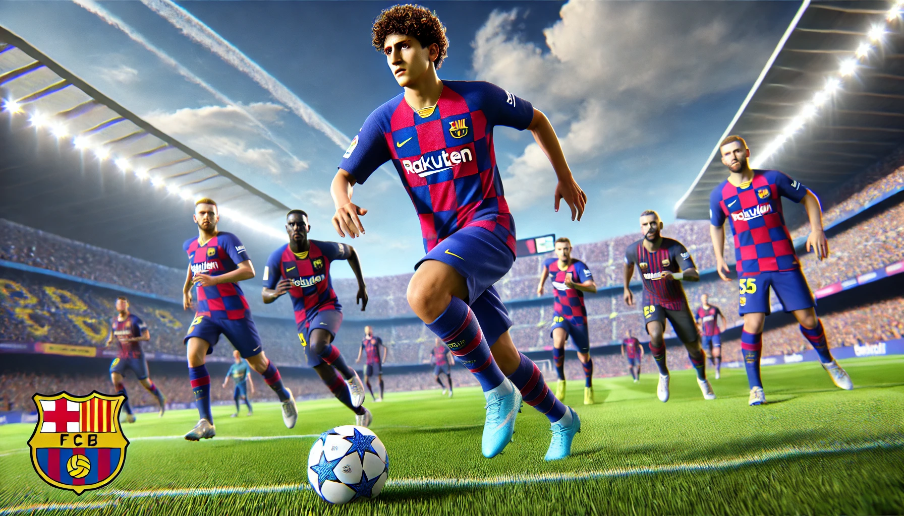 A photorealistic image of a young football player wearing a Barcelona kit, representing Lamine Yamal, dribbling the ball down the field during a professional match.
