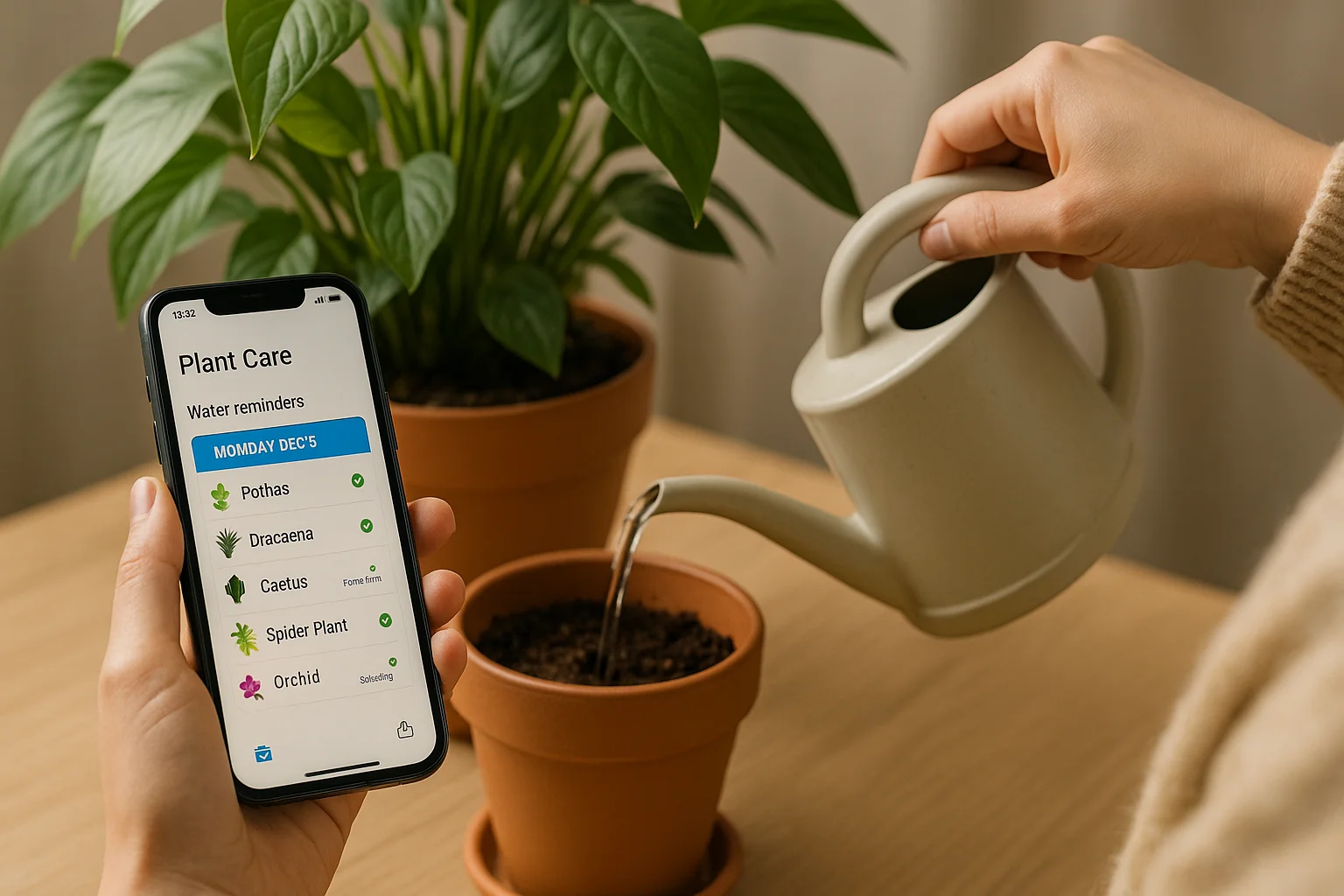 A person checks watering reminders on a plant care app while pouring water into a pot, showing how digital tools help with daily routines.