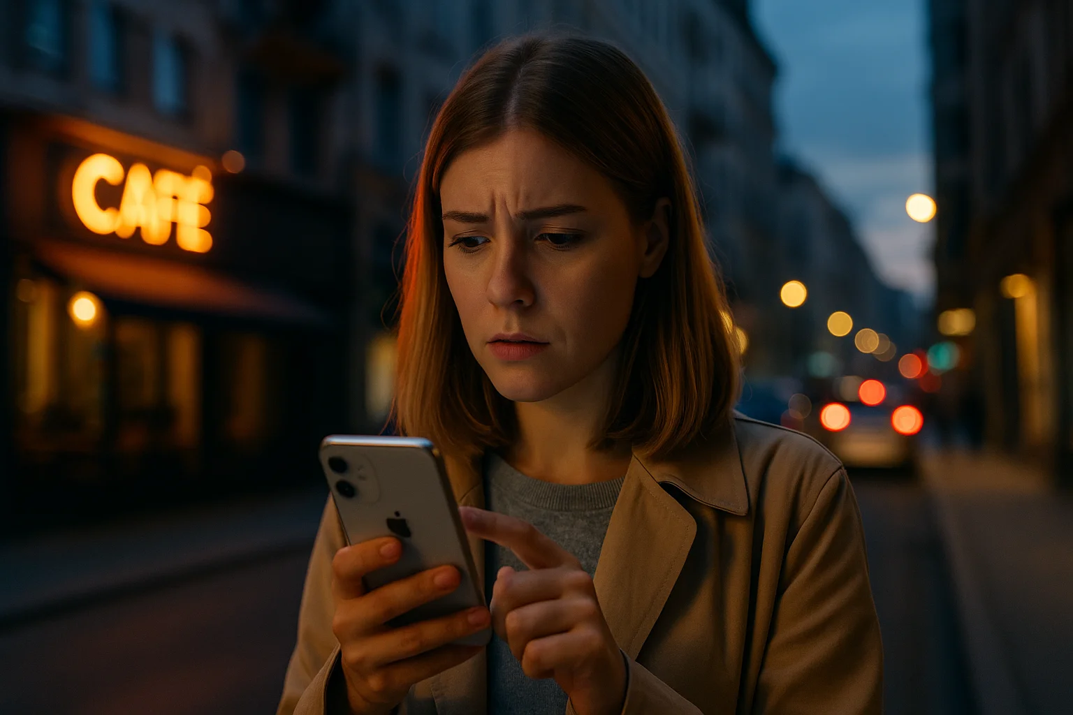 A young woman stands outside a café in the evening, looking puzzled at her iPhone screen as she tries to figure out how to share her location with a friend on Android.