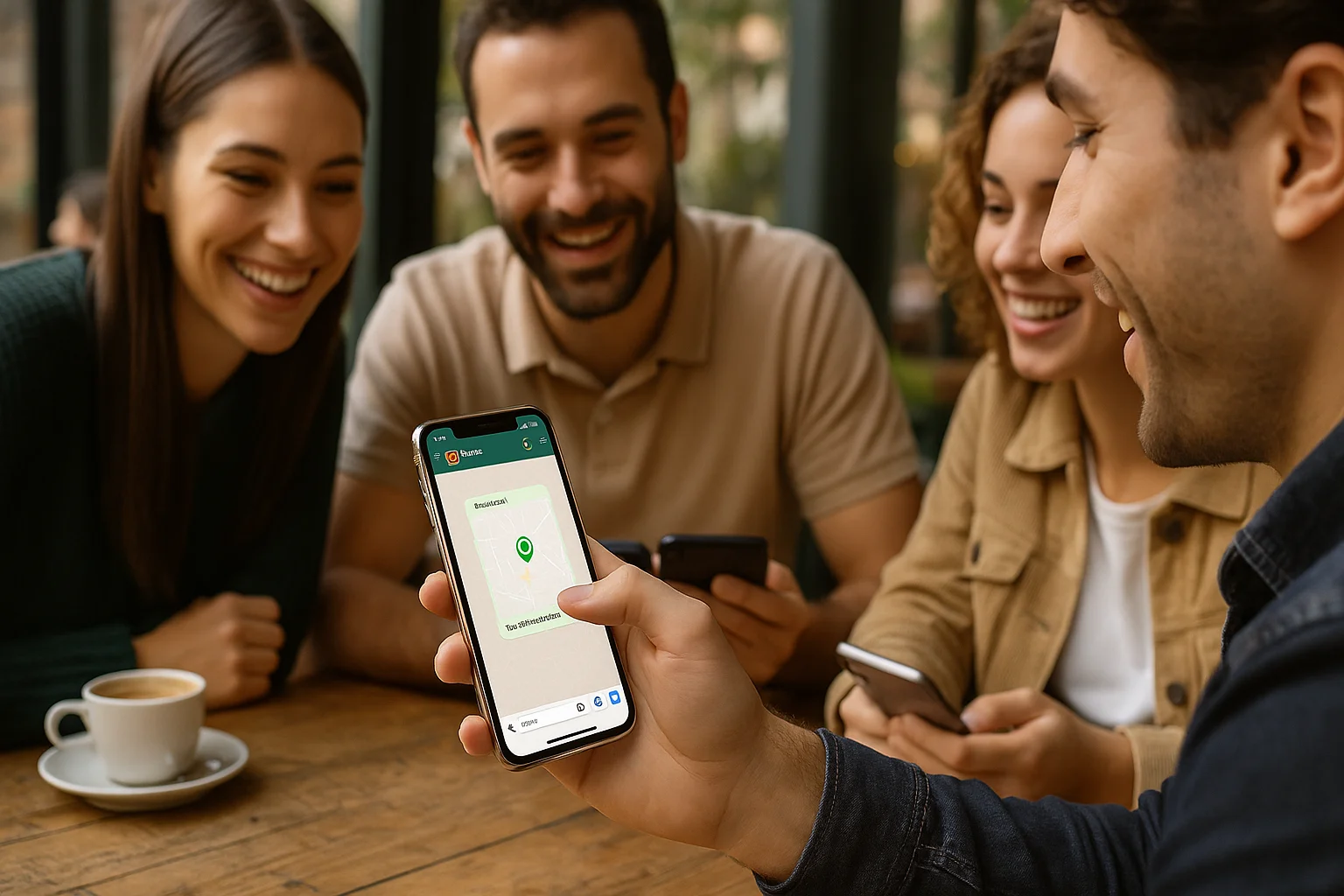 A group of friends sits at a café table while one of them shares his location through WhatsApp on an iPhone, and everyone smiles as they check their screens.