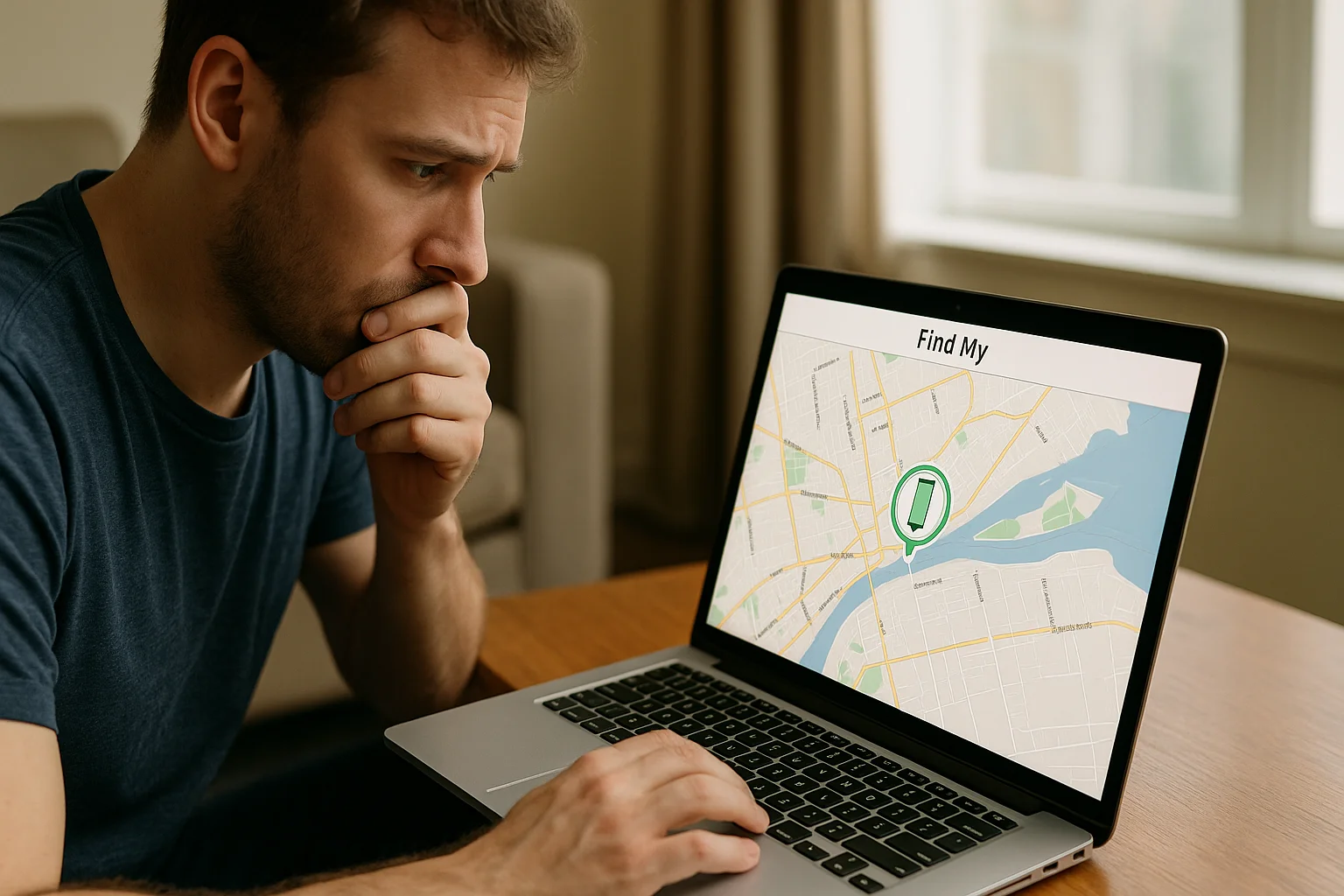 A worried man uses a laptop map tool to track the location of his missing phone.