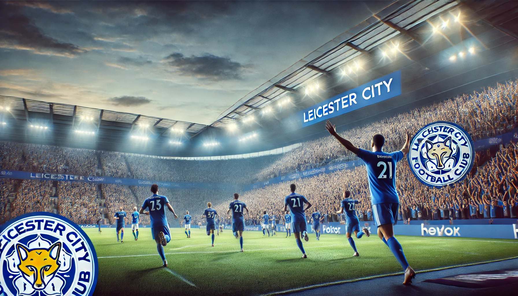 Leicester City players celebrating a goal against Manchester City
